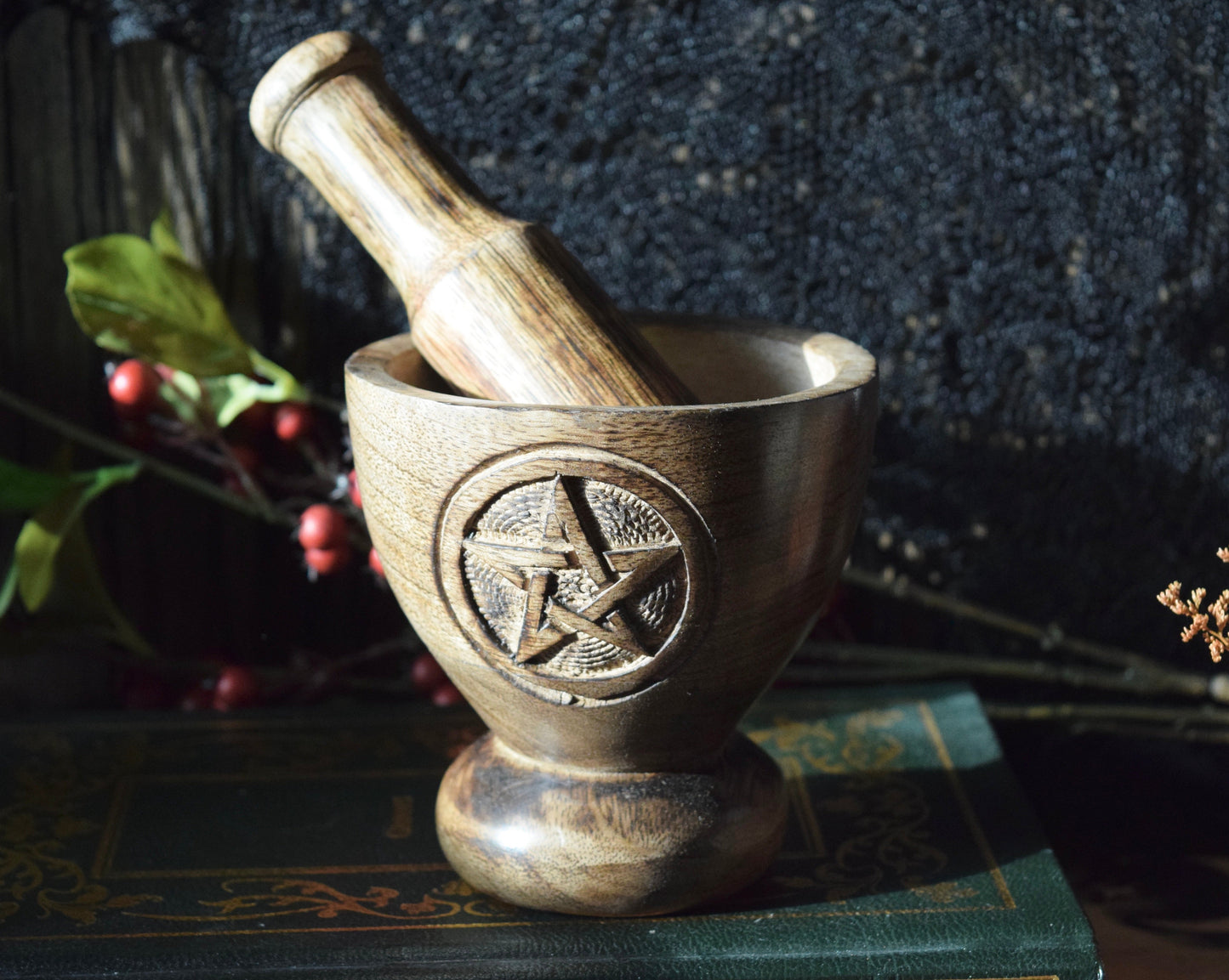 Wooden Mortar & Pestle with Pentagram