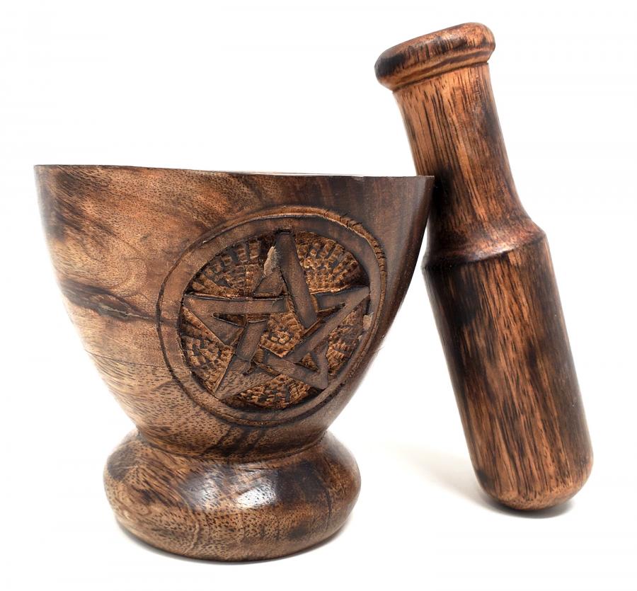 Wooden Mortar & Pestle with Pentagram