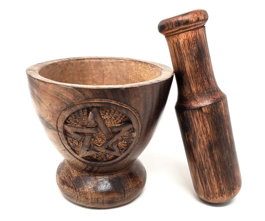 Wooden Mortar & Pestle with Pentagram