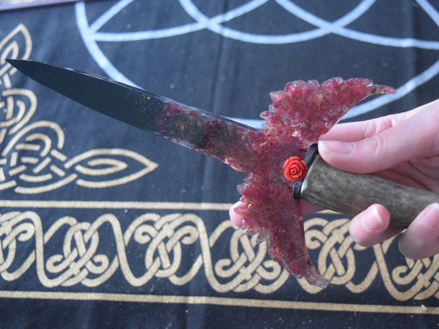 Rose Petal Resin Athame with Antler Handle