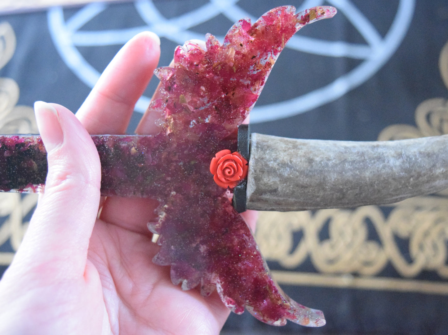 Rose Petal Resin Athame with Antler Handle