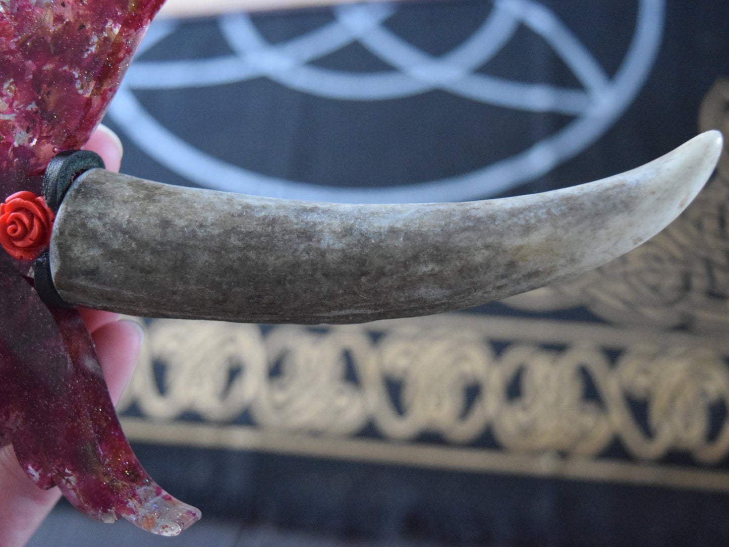 Rose Petal Resin Athame with Antler Handle