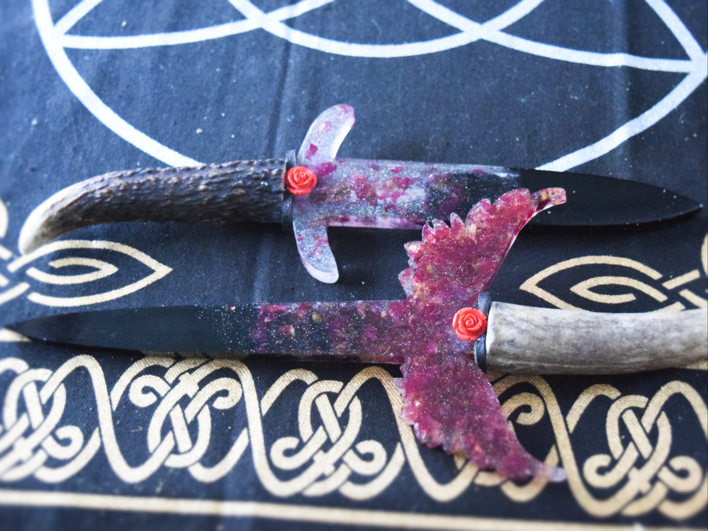 Rose Petal Resin Athame with Antler Handle