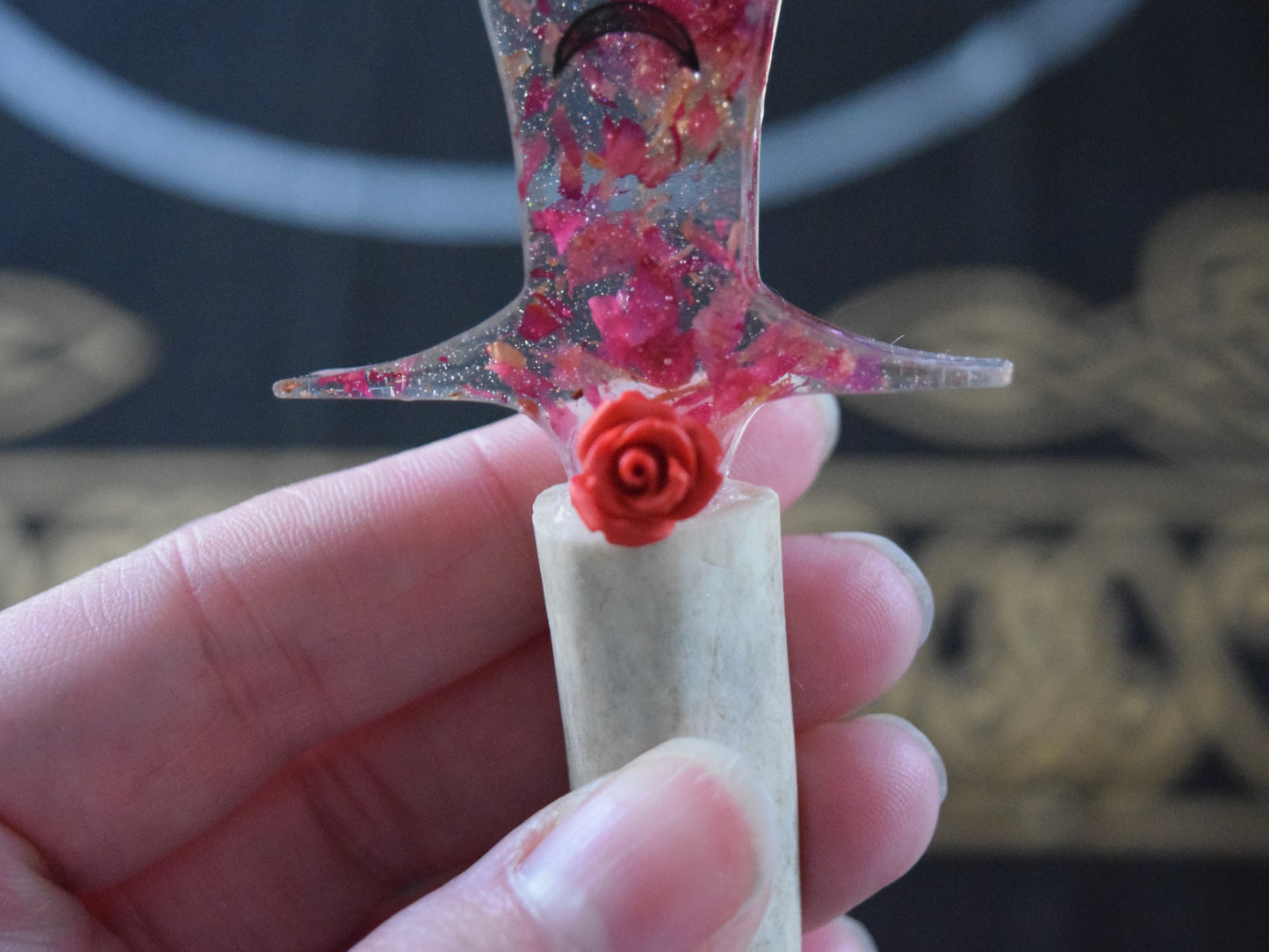 Rose Petal Resin Athame with Antler Handle